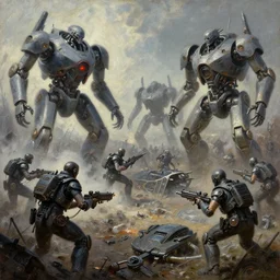 grim oil painting of futuristc battlefield humans against evil ai robots, weaponized high technology, army, destruction, weapons and crafts, realistic shaded lighting, octaine rendering, wallpapper, magali villeneuve, trending on artstation