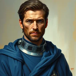 matt smith wearing blue robes with silver metal collar, in the costume of senator bail organa from star trek, beautiful detailed face. painting by artgerm and greg rutkowski
