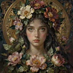 breathtaking detailed concept art painting of the goddess of flowers, orthodox saint, with anxious, piercing eyes, ornate background, amalgamation of leaves and flowers, by Hsiao-Ron Cheng, James jean, Miho Hirano, Hayao Miyazaki, extremely moody lighting, 8K