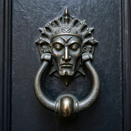a highly intricate ornamental door knocker on a door for a warlock