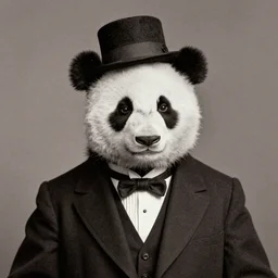 a portrait of a humanoid panda wearing a tuxedo and a hat, 1 9 0 0, old, vintage, photography, grainy, award - winning