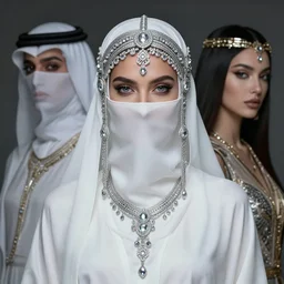 a beautiful woman wearing a white niqab made of silver with jewelry and diamonds by alex gray and android jones, karol bak, ayami kojima, arabian, concept art, fantasy