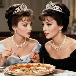 young beautiful queen margherita meets sophia loren for a pizza. the queen has intricate tiara and pearl necklace. smooth lighting, masterpiece, timeless, rare meeting, genious composition
