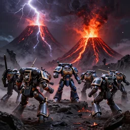 a battle between multiple mecha next to an erupting volcano, dark, dramatic lighting, lightning, apocalypse, warhammer 4 0 k