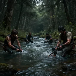 a river in the deep dark woods, criminals pulling something up from the river, sweaty and dirty, in the style of red dead redemption, concept art, artstation