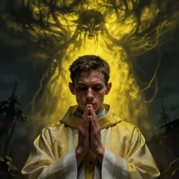 Close up of a young, thin and stern catholic priest fervently praying as he is about to die from the ominous Lovecraftian yellow shadow descending upon him from the night sky. The yellow shadow feels very oppressive and terrifying. Low angle, dramatic lighting. Award-winning digital art, trending on ArtStation