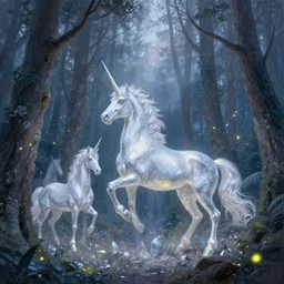 there is a silver unicorn in the forest, unicorns around the shimmering light, fireflies flying in the forest, the dreamy crystal atmosphere ， super wide angle ， matte painting ， rtx on ， by karine eibatova and jordan grimmer and john pitre ， trending on cgsociety and artstation, volumetric light ， surreal