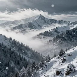 Snowing in the mountains, fog, snowflakes, digital art