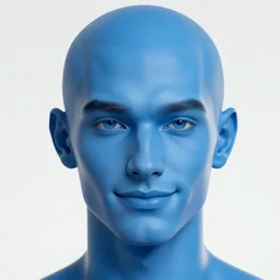 a face portrait of a [ blue ] [ blue ] humanoid male with, elegant, smiling, chiseled jaw, slightly smiling, triton race from d & d, elf ears, beautiful man, blue hair in a ponytail cropped on the sides, white background, by edward hopper