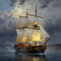 modern dynamic lighting digital oil painting of ship with translucent sail, backlit boat with dramatic and puffy storm clouds, harbour in background, foggy, details, decorative, art by anders zorn, wonderful masterpiece by greg rutkowski, beautiful cinematic light, american romanticism by greg manchess, creation by tyler edlin