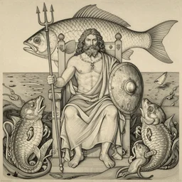 lines by louis wain. a experimental art of a mythological scene. large, bearded man seated on a throne, surrounded by sea creatures. he has a trident in one hand & a shield in the other. behind him is a large fish. in front of him are two smaller creatures.