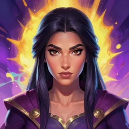head-on symmetrical centered painted portrait, Maya Ali as a D&D sorcerer, matte painting Arcane DOTA Blizzard pixar, maya engine on stylized background splash comics global illumination lighting artstation, by rossdraws