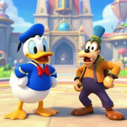 screenshot of kingdom hearts 3, Disney and final fantasy crossover, donald duck and goofy npc characters, Kingdom hearts styled gameplay, unreal engine 4, kingdom hearts 3, kingdom hearts, cartoony lighting, disneyworld at kingdom hearts, sharp focus