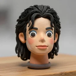 michael jackson!!! very extremely realistic!!! extreme likeness!!! smooth specular clay! extremely close smooth specular sculpted headshot of michael jackson clay puppet , soft light, fog , on wooden table. style: claymation puppet kids clay , by guldies