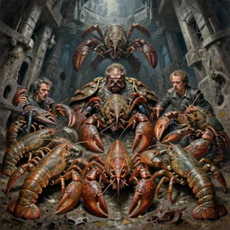 painting of varied filthy, dour, rugated armored crustaceans clawing & terrified as massive brutalist structure, claustrophobic drag race, clustered by vincente b ballestar, by francesco blanc, & by jack gaughan high resolution, hyper detailed, cinematic, ornate masterpiece, shot on imax with full frame on signature prime lens