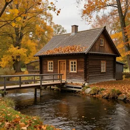 a wooden cottage by the river with a bridge connecting to it, portrait, highly detailed, autumn, falling leaves, cozy, 8 k,