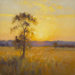 an expressive oil painting of a soremi on a golden hour landscape