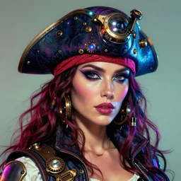 a head and shoulders portrait of a female space pirate, neon, retro, steampunk, smooth, sharp focus, intricate, artstation, detailed concept art by Greg Rutkowski and Norman Rockwell and artgerm and Petros Afshar