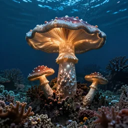 a deep underwater, coral, psychedelic, mushrooms, dream, by dave mckean, artstation