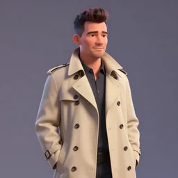 hyperrealistic rick astley wearing beige trench coat by pixar, octane render, rtx on, unreal engine 5, aperture 1. 2