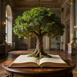tree of life growing out of a book, on a wooden table, inside a palace, rim light, midsommar style, extremely detailed, masterpiece, artstation, cinematic lighting, photographic, by greg rutkowski and alphonse mucha, wolp