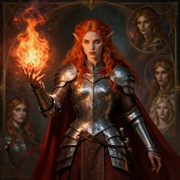 portrait painting of an elven female redhead cleric wearing a metal armor and a red cape, casting a fireball, ultra realistic, concept art, intricate details, eerie, highly detailed, photorealistic, octane render, 8 k, unreal engine. art by artgerm and greg rutkowski and charlie bowater and magali villeneuve and alphonse mucha
