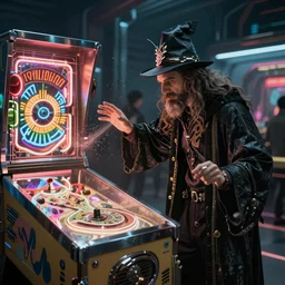 a wizard casting conjure pinball machine, cyberpunk, 4 k, highly detailed, cinematic lighting, high particle effects, photo realistic, realistic shadows