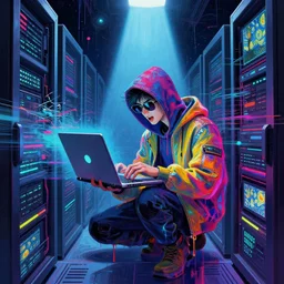 an androgynous hacker with a laptop in vast cyberspace glitching through a vulnerable server, wearing sunglasses, futuristic clothes, vibrant colors, rule of thirds, spotlight, drips of paint, expressive, passionate, by greg rutkowski, by jeremy mann, by francoise nielly, by van gogh, digital painting