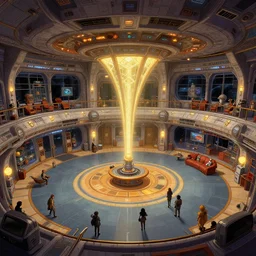 the main lobby on a large cruise spaceship, from a space themed point and click 2 d graphic adventure game, set design by hg giger, art inspired by thomas kinkade