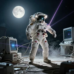 astronaut entangled by a lot of cables, connected to a supercomputer designed by Dieter Rams, cinematic lighting, haze, moonlight, strong shadows, octane render, lens flare, particles, laser