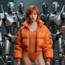 beautiful fantasy character portrait, uma thurman, wearing orange puffy bomber jacket with leotard, futuristic robots, ultra realistic, dramatic lighting, robots, the fifth element artifacts, highly detailed by peter mohrbacher, hajime sorayama, wayne barlowe, boris vallejo, aaron horkey, gaston bussiere, craig mullins