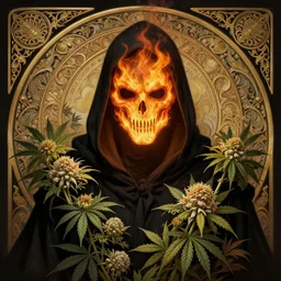 portrait of grim reaper, burning face, upper body, decorated with cannabis flowers, intricate, elegant, highly detailed, digital painting, artstation, concept art, smooth, sharp focus, illustration, art by artgerm and greg rutkowski and alphonse mucha, 8 k