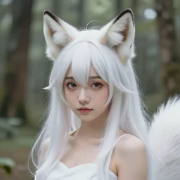 portrait of a cute anime foxgirl in a forest, long white hair, white fox ears, detailed face, perfect composition, trending on artstation, art by Krenz Cushart, Ilya Kuvshinov, Yuumei