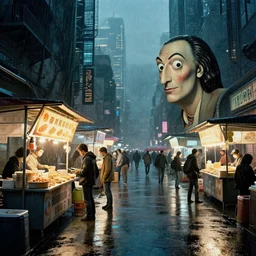 street with food stands in a cyberpunk city on a rainy melancholy night by salvadore dali