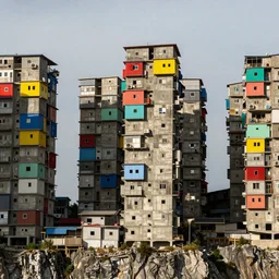 high towers made up of concrete makeshift squatter shacks with bright colours, suspended over a cliff, hasselblad, uniform plain sky, fine details, photographed by michael wolf and and pollock