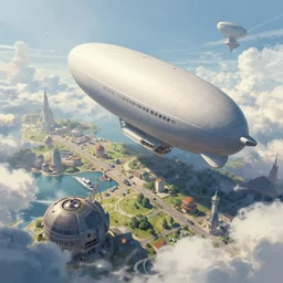 a beautiful and detailed illustration of an airship port in a cloudpunk world by Jesper ejsing , cinematic atmosphere, establishing shot, viewed from below