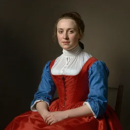 portrait of Alicia Vikander wearing blue shirt and red 1850 dress, in the style of the Hudson River School