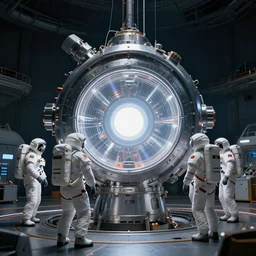 teleportation machine in a spaceship, with astronauts preparing to use it, the machine is a large metal contraption with a bright light in the center