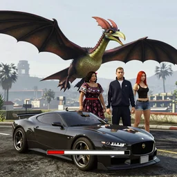 A GTA 5 game loading screen featuring A Pterodactyl, La Llorona, a redhead Waifu, CHAPPIE in an Adidas track suit, and a TVR Sagaris