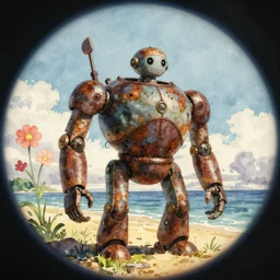 wholesome animation key shot, fish eye lens, intricate, parka explore rusty robot schwerer gustav!!!!, beach, ambient occlusion, studio ghibli, pixar, disney concept art watercolor illustration by alena aenami, bloom!!! sorolla, dean cornwell, satoshi kon