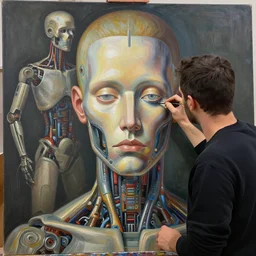 biomechanoid artist painting a self - portrait on a canvas. intricate, highly detailed, digital matte painting, in the style of alexandros pyromallis, and in the style of sachin teng, and in the style of hans thoma, and in the style of gil elvgren. irony, recursion, inspiration.