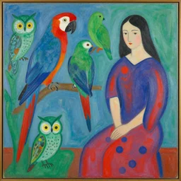 a beautiful painting parrots and owls, by henri matisse and kusama yayoi painting