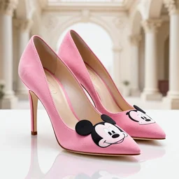 pink suede pumps shoes with slim heels and pointed toes with a happy mickey mouse depicted on it, photorealistic, transluscent, glass, beautiful, architecture, product design, clean, highly detailed, 8 k, ornate detail