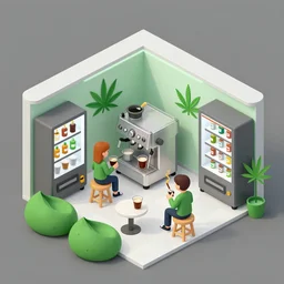 isometric cartoon recreational cannabis cafe area, espresso machine, aluminum sheen, people drink coffee and people smoke cannabis cigarettes, cannabis vending machines, beanbags, 4 cannabis pots, by benoit mandelbrot, low poly cute minimal concept art illustrated by anni albers