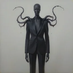 a featureless slender humanoid being with long arms, an elegant suit and black, slimy tentacles coming out its shoulders. portrait, hyperrealism, painting by ken currie