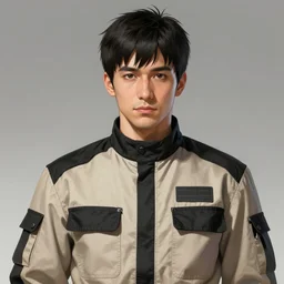 Anime portrait of a man by Ilya Kuvshinov, he is about 30 years old, short black hair with bangs, his features are a mix between French, Turkish and Russian and he is wearing a beige and black utility jumpsuit, highly detailed portrait, digital painting, artstation, concept art, smooth, sharp foccus ilustration, Artstation HQ
