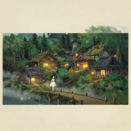 anime, incredible wide screenshot, ultrawide, realist proportions, paper texture, intricate, very detailed, studio ghibli movie scene, girl in a dress, beautiful forest village, lanterns, wood bridge, huts, night!!, fireflies!!, fog