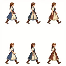 3 d walking cycle sprite sheet of a girl in a peasant clothes, walking to the right, each sprite is a different frame of the animation, in the style of final fantasy games, side view of her taking steps, accurate walk cycle, walk cycle, walk cycle, always wearing the same clothes