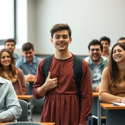 college student embarrassed as he accidentally came to the lecture wearing a dress, everyone else laughing, realistic 4 k.