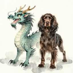 sprocker spaniel as an ancient chinese dragon, water colour brush work